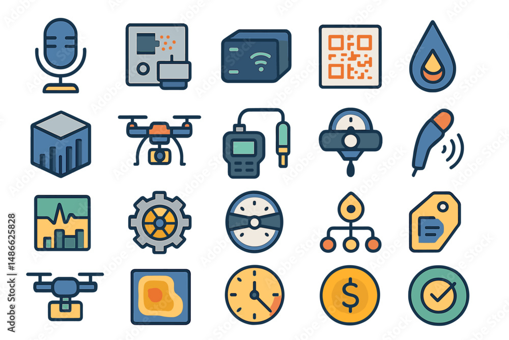 Poster diverse icons representing technology and innovation in modern communication and data collection sys