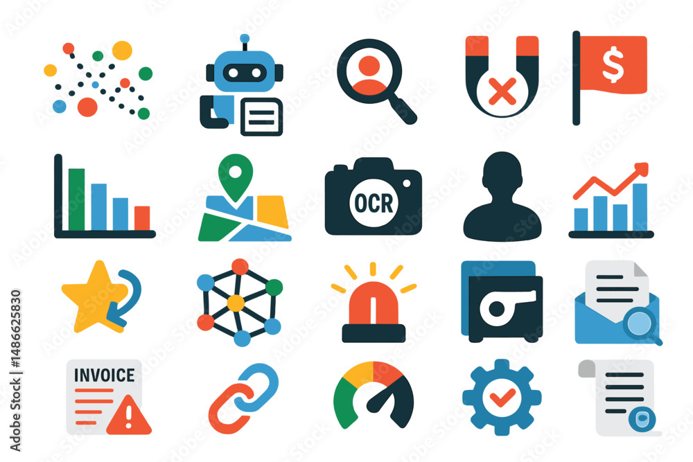 Poster collection of colorful icons representing technology, finance, and data analysis concepts for digita