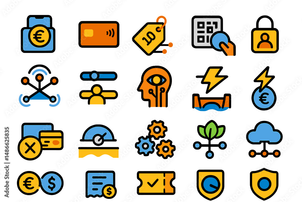 Poster visual representation of various finance and technology symbols illustrating digital transactions an