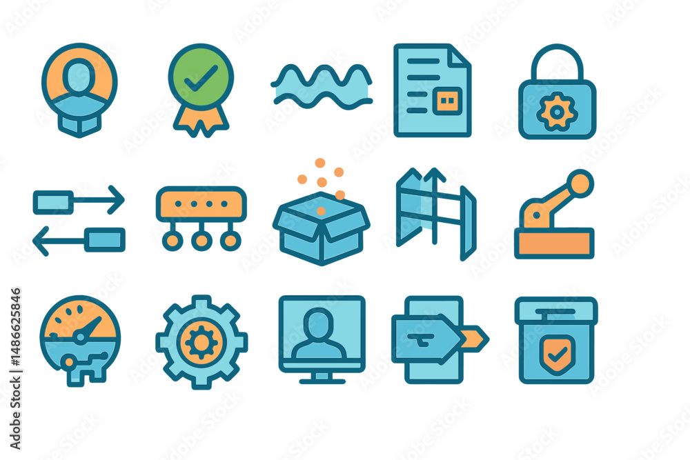 Poster collection of colorful digital icons representing various business and technology concepts for use i