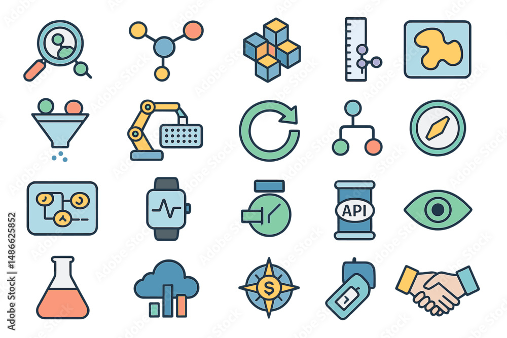 Poster various icons representing technology, science, and data analysis in a minimalistic design featuring