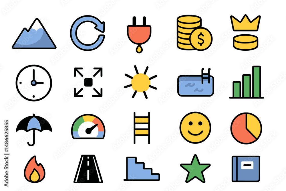 Poster vector icons representing various activities and elements in a modern, colorful style suitable for d