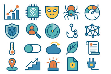 Collection of diverse flat design icons representing technology, data, and security concepts for digital projects