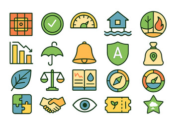 Collection of colorful icons representing environmental sustainability and safety awareness at various locations