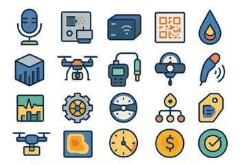 Diverse icons representing technology and innovation in modern communication and data collection systems