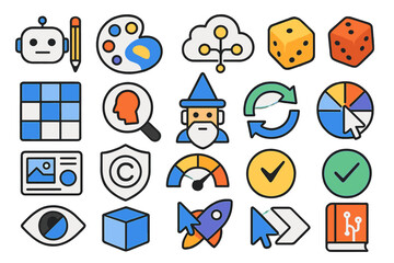 Fototapeta premium Twenty icons presenting collaborative workflows where designers steer and audit generative AI