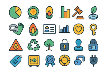 Colorful set of icons depicting various concepts related to law, environment, and security with vibrant designs