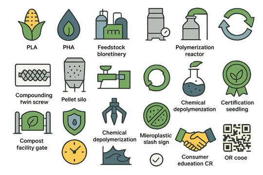 Illustration of bioplastic manufacturing process including various stages and equipment in a sustainable production facility
