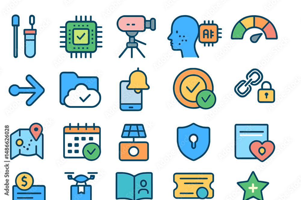 Aufkleber diverse set of technology icons representing various digital activities and services in a vibrant de
