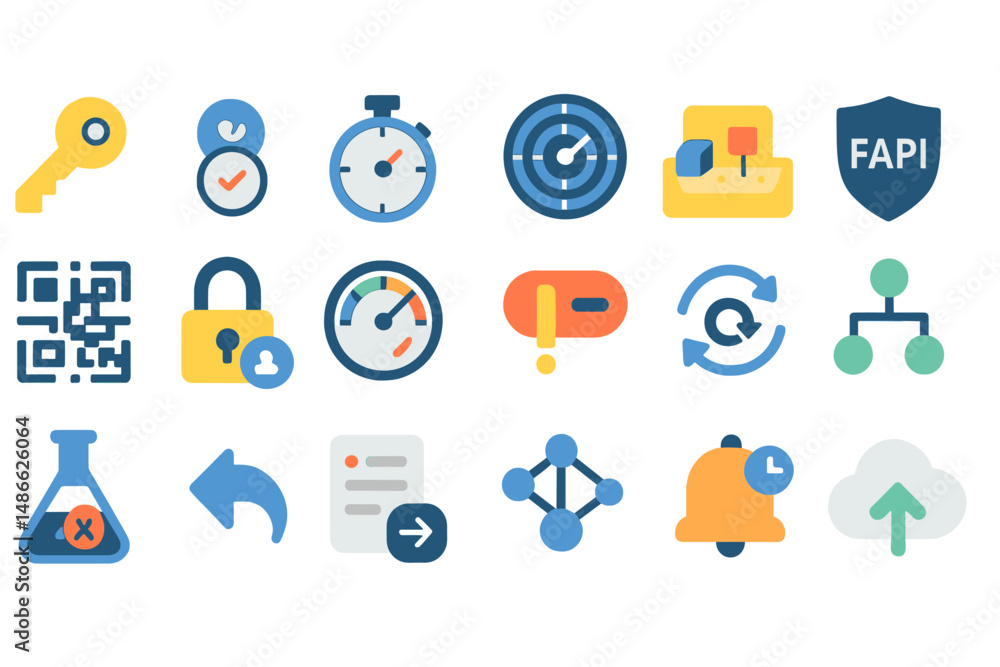 Poster collection of various security and technology icons representing different features and functionalit
