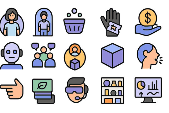 Collection of icons highlighting extended reality shopping experiences, tokens, and eco-friendly labels in Web4 retail