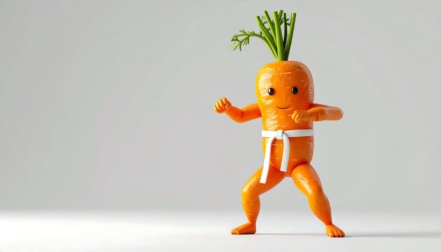 Cartoon Carrot Personified in Karate Pose with White Belt on Gray Studio Background