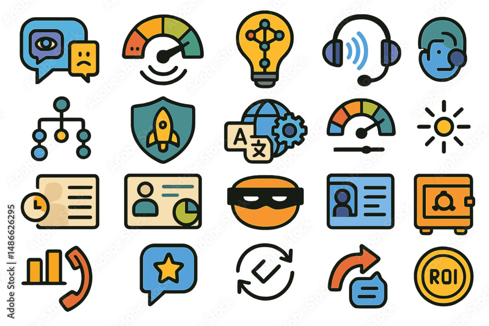 Poster collection of colorful icons representing various concepts in technology, communication, and busines