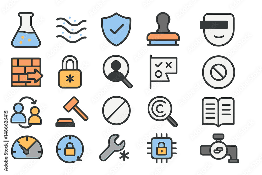 Poster visual representation of various icons related to technology, security, and analysis displayed on a 