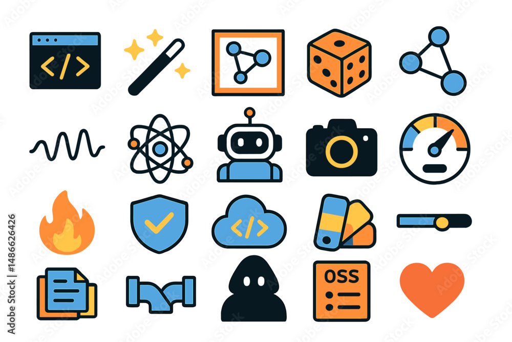 Poster collection of colorful technology and programming icons representing diverse concepts related to sof