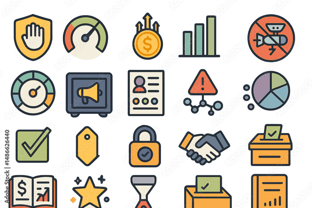 Poster diverse set of icons representing business concepts and functions in a modern design style