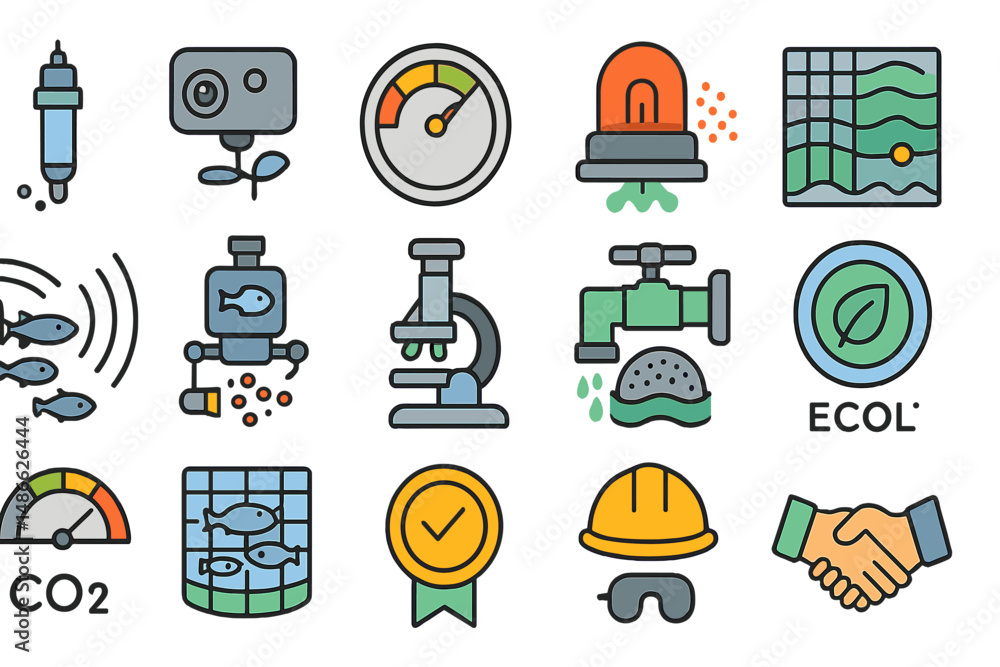 Poster icons representing processes and elements related to environmental monitoring and aquatic systems ma
