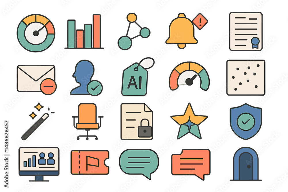 Poster colorful icons representing various technology and business concepts arranged in a grid layout