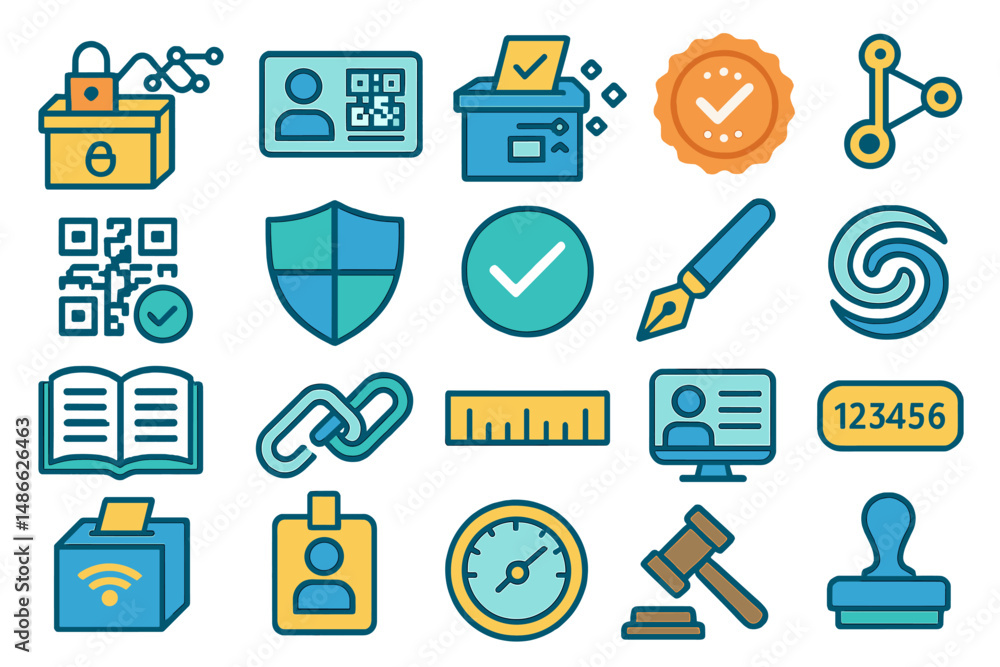 Poster collection of digital security and verification icons with various symbols related to technology and