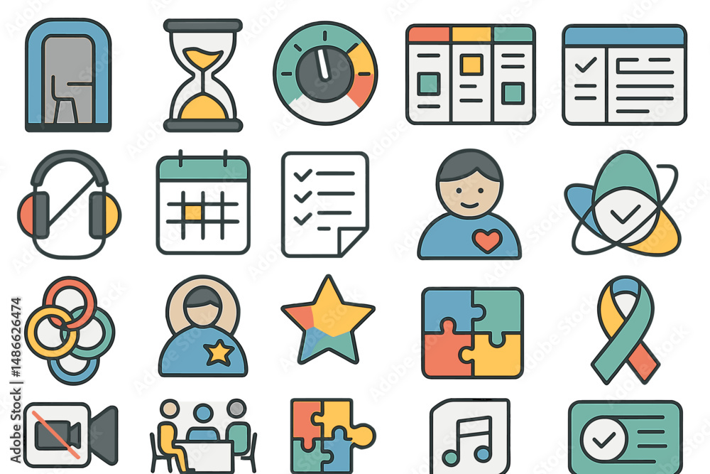 Poster colorful icons representing time management, teamwork, and organization displayed in a grid layout s