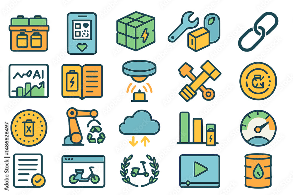 Poster icons representing technology, data, and recycling concepts in a modern design suitable for various 
