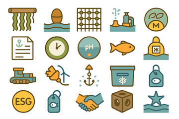 Collection of icons representing environmental sustainability and marine conservation concepts in vibrant colors