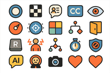 Collection of colorful icons representing various themes and concepts for digital design projects