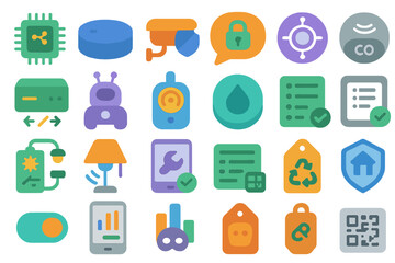 Colorful collection of digital icons representing technology, security, and smart home concepts displayed in an organized layout