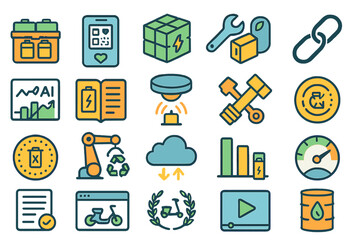 Icons representing technology, data, and recycling concepts in a modern design suitable for various applications