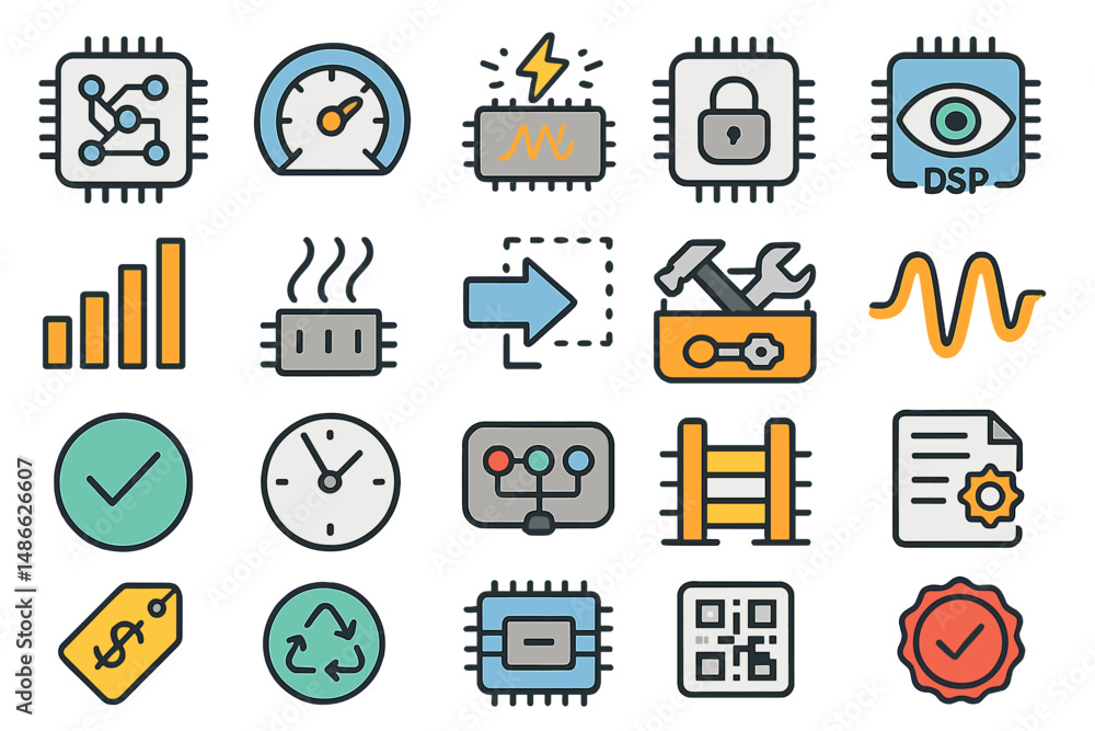 Poster collection of technology icons illustrating various digital concepts in vibrant colors and simple de