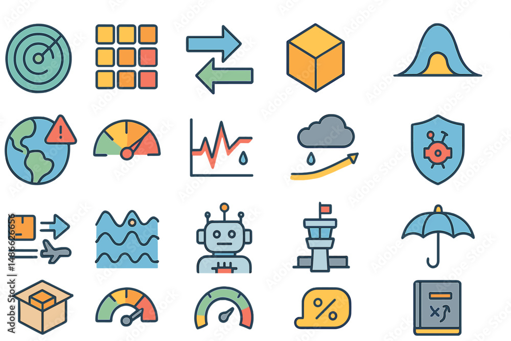 Poster colorful icons representing technology and data analysis in a flat design layout