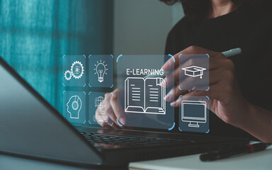 Concept of Online education with Ai. Woman use Online education training and e-learning webinar on...