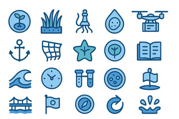 Collection of blue icons depicting nature, science, and technology concepts in a simple design