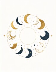 Minimal Moon Cycle Illustration with Gold Accents – Trending hard in wall prints
