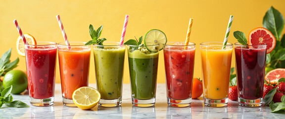 Colorful fresh fruit smoothies in glasses on yellow background