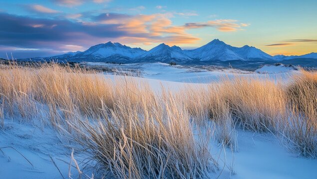 Snowy winter landscape with frosted grass, mountains in the distance at sunrise