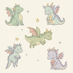 Naklejka premium Cute Cartoon Dragon Character, Vectr Illustration