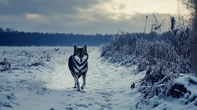 Snow-covered landscape with a lone wolf walking along a path at dusk in a tranquil winter setting