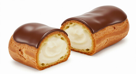 Obraz premium Chocolate eclair with glossy glaze, filled with smooth vanilla cream, clean cut to show filling, isolated on white background.