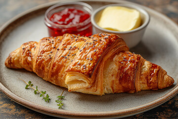 Fresh croissant with butter and jam served on rustic plate &ndash; traditional French breakfast
