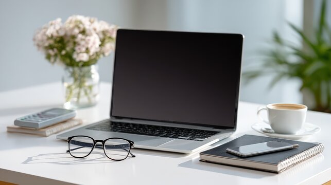 Modern workspace with laptop and coffee.