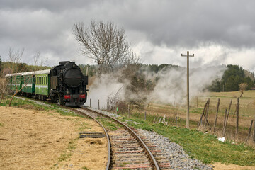 Vintage steam train in rural landscape.
