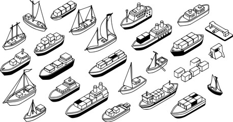 Ship and boat icons set in isometric 3d style. Sailing elements set collection vector illustration
