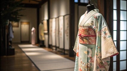 Fototapeta premium Traditional Japanese kimono gracefully displayed on clean neutral background