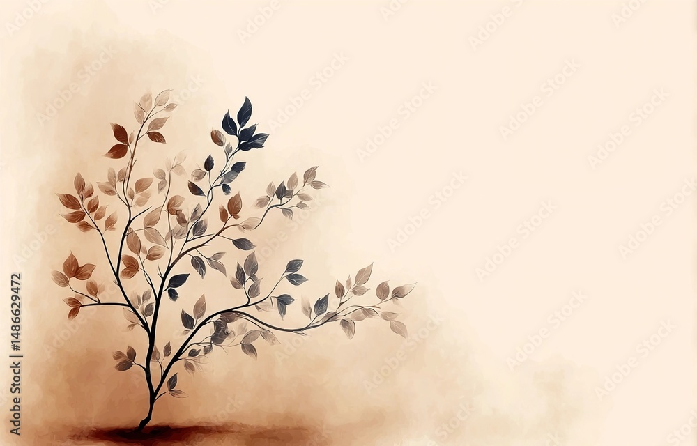 Poster a small tree with leaves on the left side of an empty beige background, in a minimalist style with