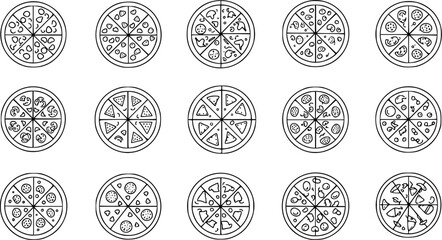 Pizza icons set. Outline set of pizza vector icons for web design isolated on white background
