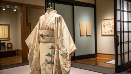 Traditional Japanese kimono gracefully displayed on clean neutral background