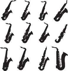 Saxophone Silhouettes: Black Musical Instrument Collection on White