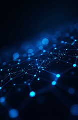 abstract digital network background, glowing blue nodes, connecting lines, dark surface, futuristic visualization of data exchange, copy space. technology, AI, blockchain, internet, innovation concept