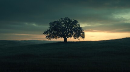 Obraz premium Solitary tree silhouette at sunset serene nature landscape
